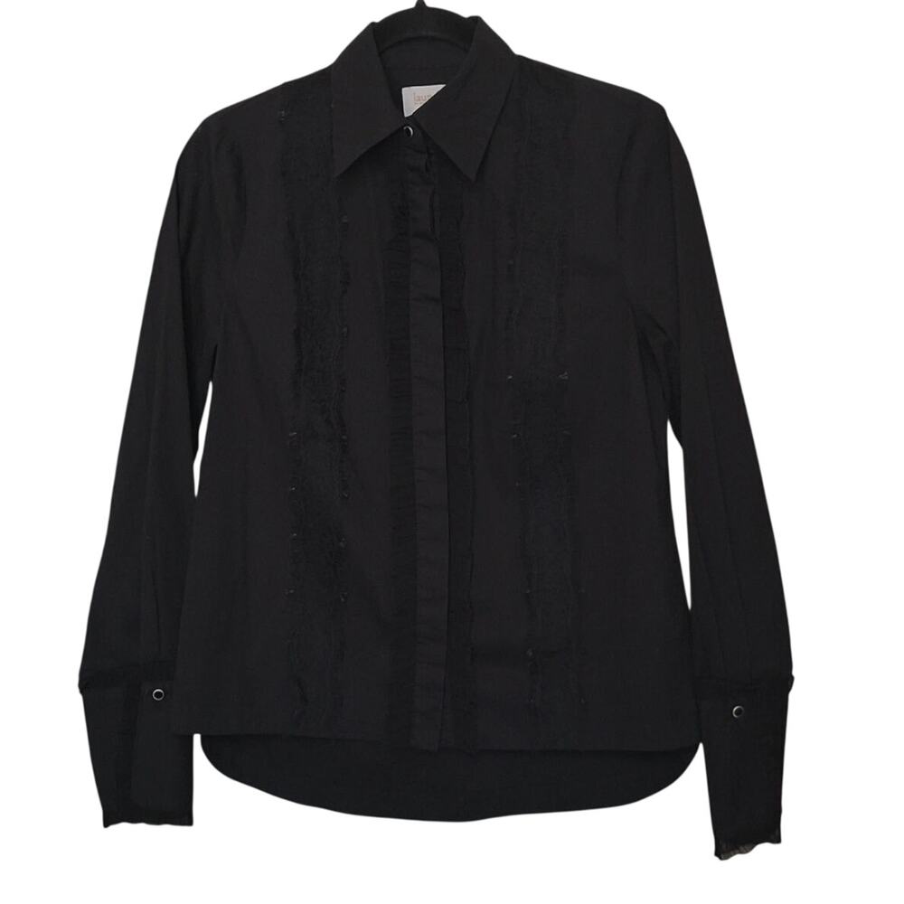 Laundry by Shelli Segal Black Ruffle Lace Trim Button Front Blouse Size 4